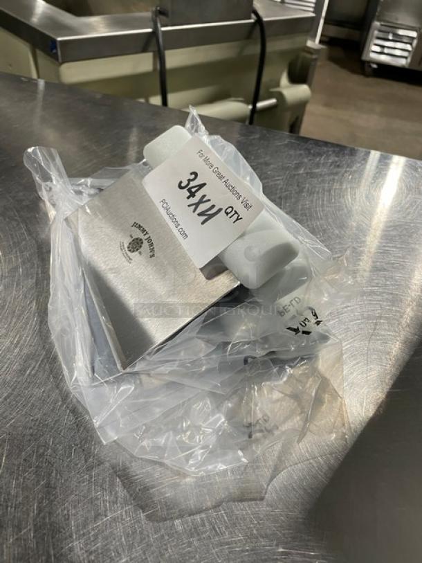 NEW Jimmy John's style stainless steel dough cutter with white grip handle, packaged in plastic.