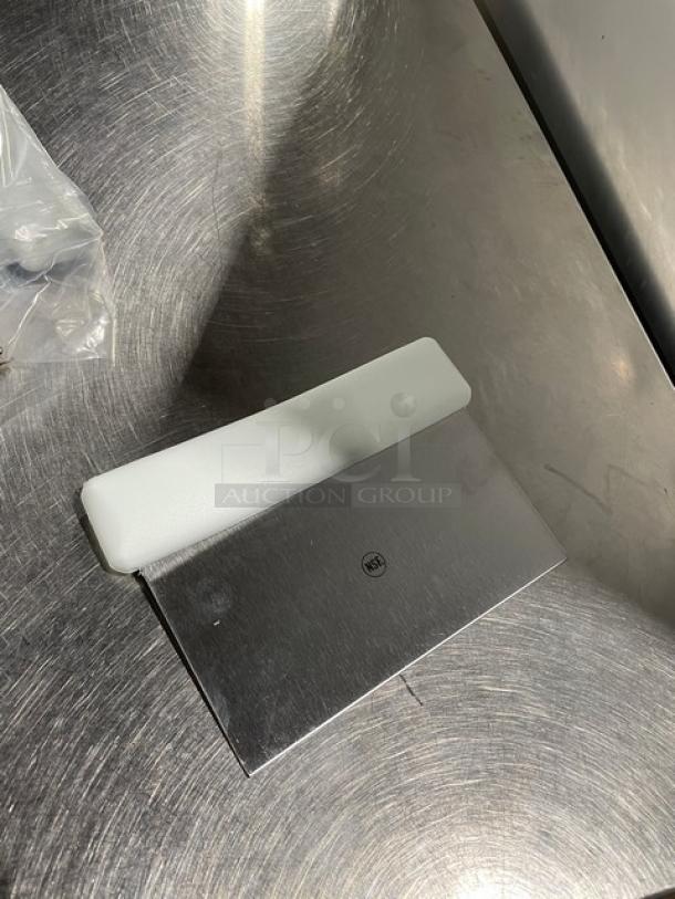 NEW commercial stainless steel dough cutter with white grip handle, Jimmy John's style. Durable and pristine condition.