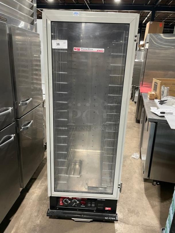 Metro FlavorView heated holding/proofing cabinet, model C175CM2000, with built-in pan rack, clear door, on casters, 120V.