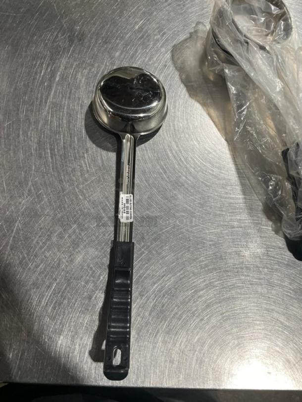 ABC Commercial 6 Oz. Stainless Steel Portion Spoon, Model PPG6S. New condition, black grip handle, labeled.
