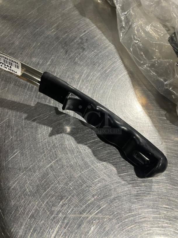 ABC Commercial 6 oz. stainless steel portion spoon, Model PPG6S, with black grip handle. New condition.