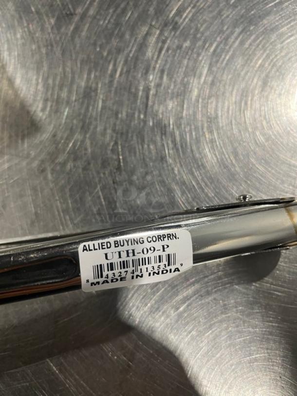 NEW ABC Commercial Stainless Steel 9.5" Utility Tong, Model UTH-09-P. Features label "Allied Buying Corpn, Made in India."