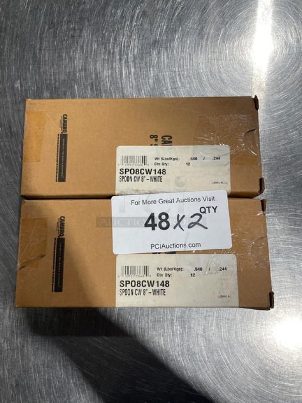 Cambro Camwear white 8" salad spoons, model SPO8CW148. Brand new, 12 per case. Two sealed boxes shown in image.