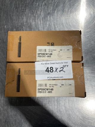 Cambro Camwear white 8" salad spoons, model SPO8CW148. Brand new, 12 per case. Two sealed boxes shown in image.