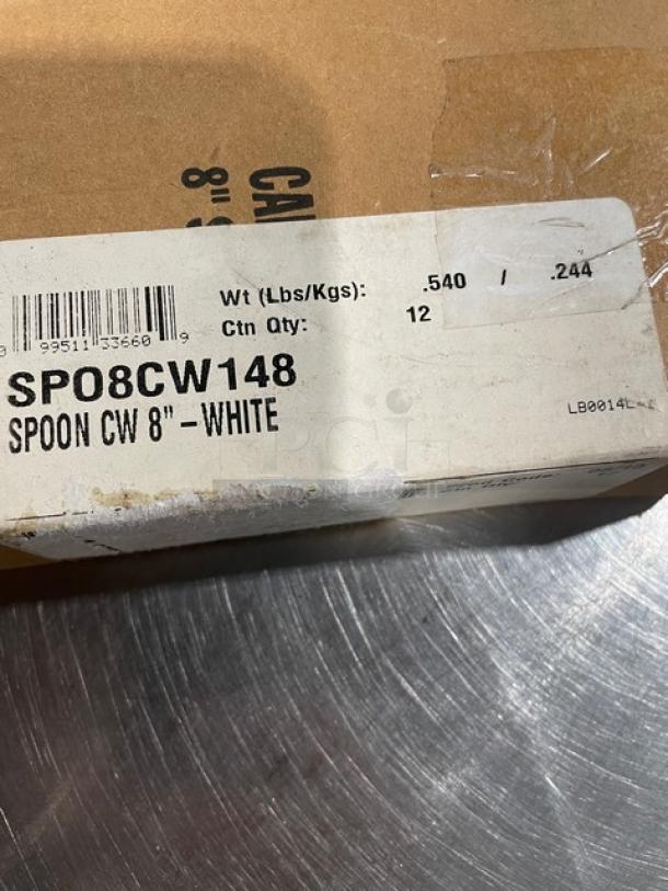 Box of 12 Cambro Camwear White 8" Salad Spoons, Model SPO8CW148. New condition with packaging label visible.