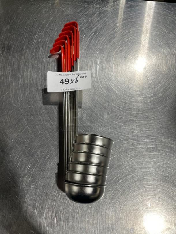 NEW Polar Ware 4 oz stainless steel ladle set, red grip handles, pristine condition, auction tag "49X6 qty."