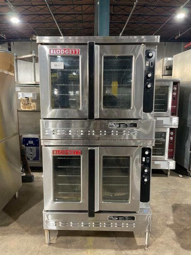 Blodgett commercial double-stacked stainless steel convection oven with solid-state thermostat, natural gas powered, on legs.
