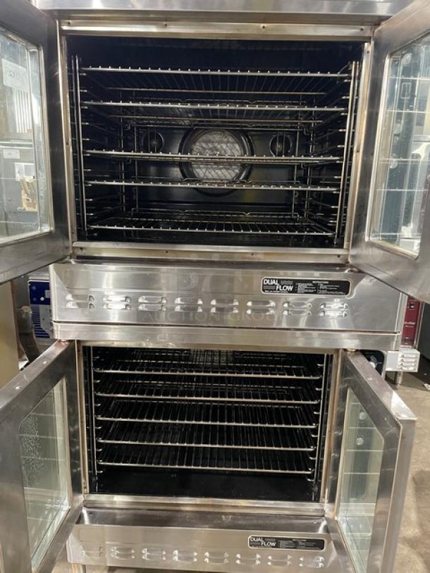 Blodgett commercial double stacked convection oven, stainless steel, natural gas powered, solid state control, oven racks.