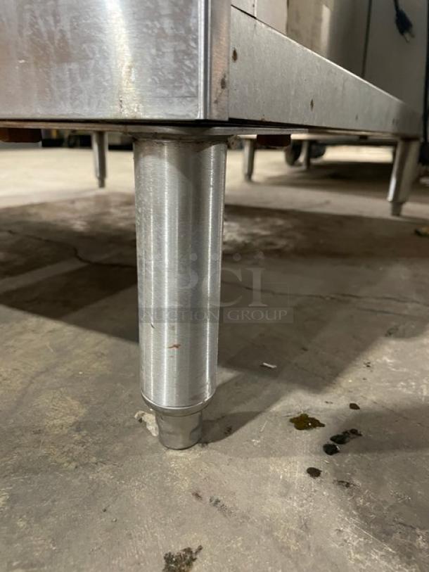 Blodgett stainless steel convection oven leg, sturdy condition, part of commercial double-stacked unit, natural gas powered.
