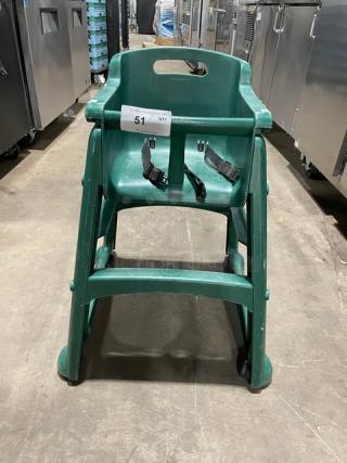 Commercial green stackable highchair with straps, buckles, and casters. Durable, easy to stack, suitable for restaurants.