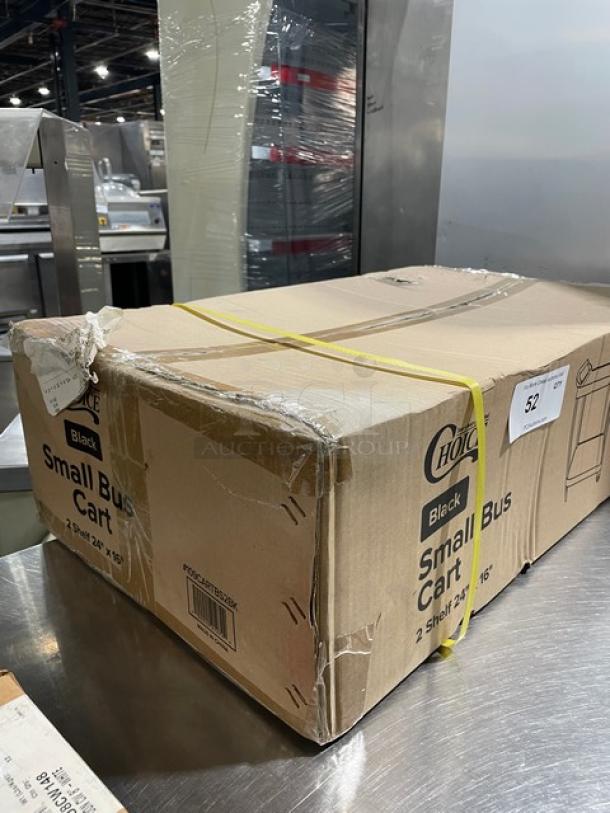 Cardboard box for Choice Commercial 2-Tier Bus/Utility Cart, model 109CARTBS2BK, with caster wheels, new and sealed.