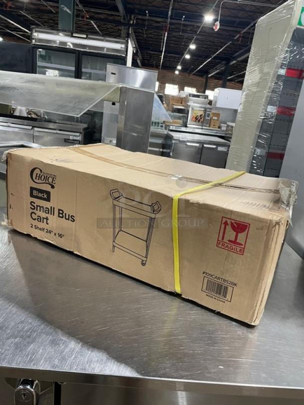 Brand new Choice 2-tier utility cart, model 109CARTBS2BK, in box with fragile sticker, black, includes casters.