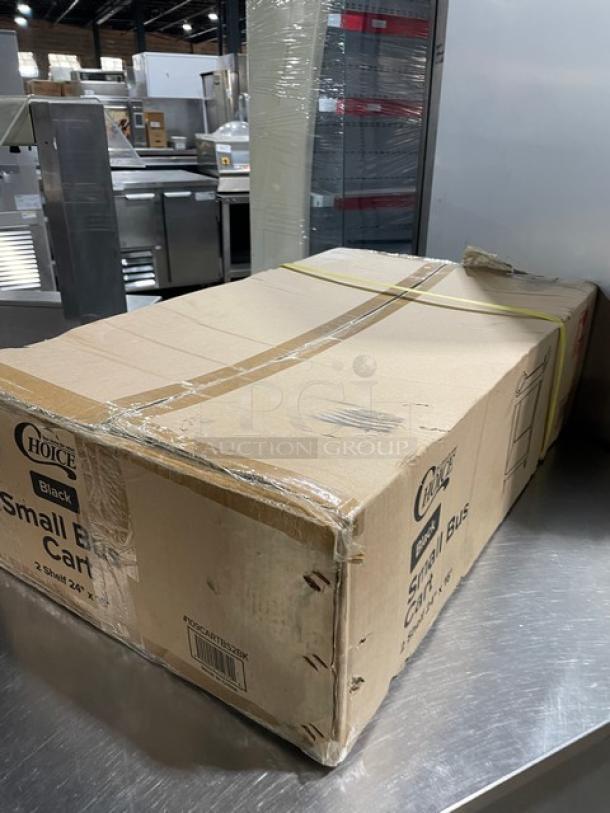 Brand new Choice 2-Tier Black Bus/Utility Cart, model 109CARTBS2BK, in original packaging with casters.