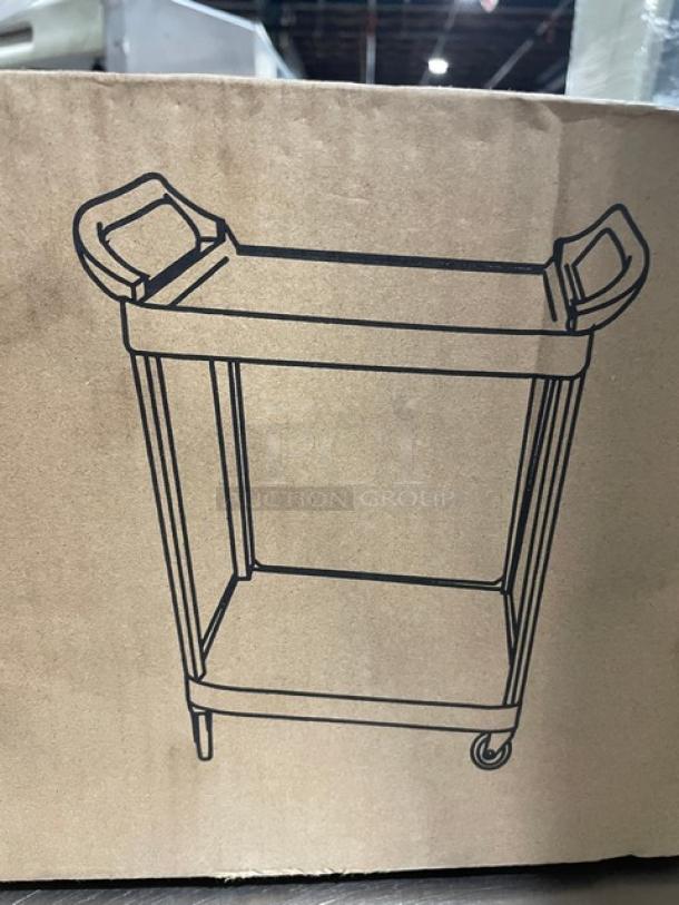 Alt text: New Choice Commercial black 2-tier utility cart, model 109CARTBS2BK. Features include sturdy build, casters.