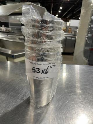 Brand new ABC Commercial Stainless Steel 30 Oz. Cocktail Shaker, Model CS30P, wrapped in plastic. Quantity label: 53x6.