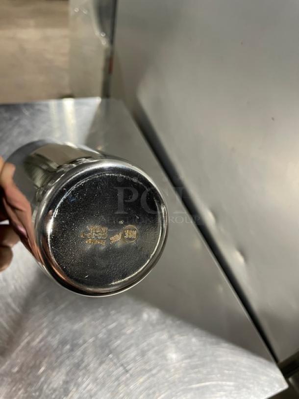 Brand new ABC Commercial 30 oz. stainless steel cocktail shaker, Model CS-30-P. Base shows brand engraving.