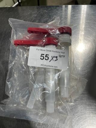 Brand new commercial condiment pump with red handles in sealed packaging, labeled "55 X3 QTY" from PCI Auctions.