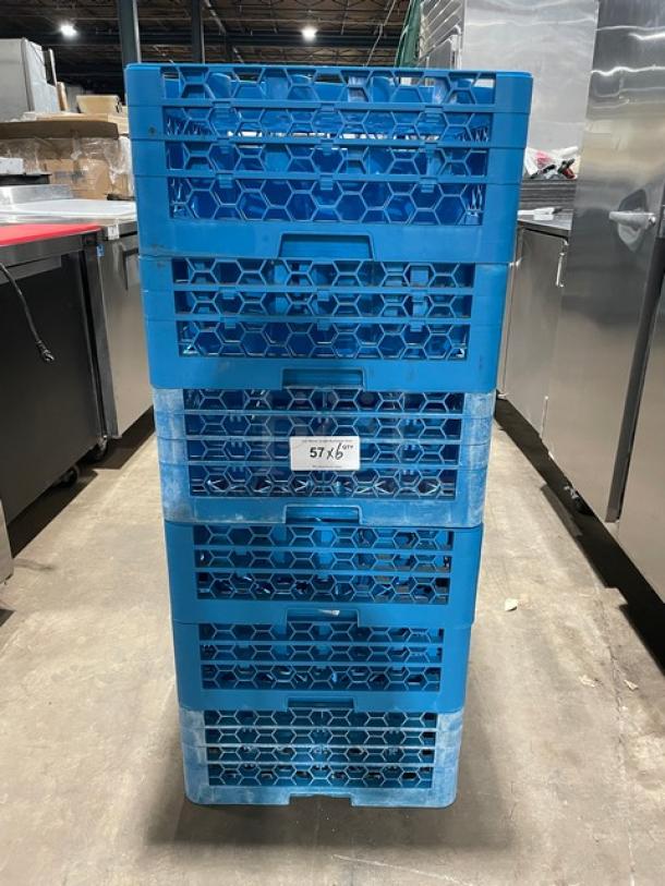 Commercial blue full-size cup rack with extenders, stacked with six levels, in excellent condition. Tag indicates "57x6."