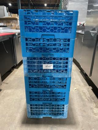 Commercial blue full-size cup rack with extenders, stacked with six levels, in excellent condition. Tag indicates "57x6."