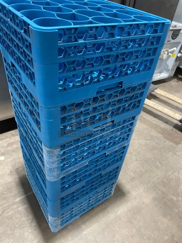 Commercial blue full-size cup rack with extenders, stacked design. Condition appears excellent, ideal for large-scale use.