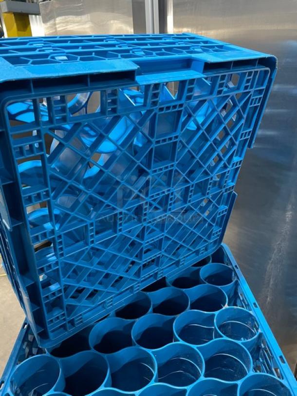 Blue full-size commercial cup rack with extenders. Durable plastic, excellent condition, ideal for restaurant use.