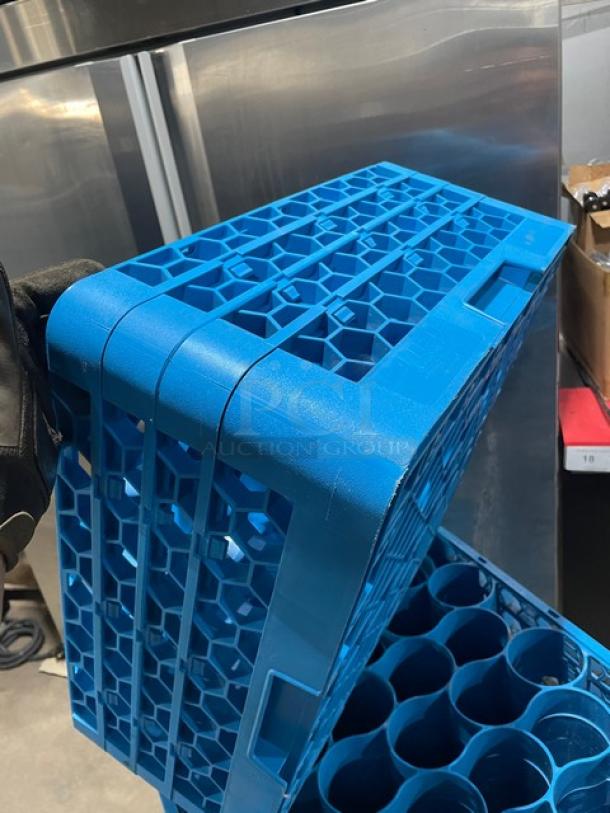 Commercial blue full-size cup rack with extenders, shown in excellent condition. Sturdy plastic build, ready for use.