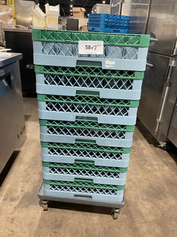 Commercial blue full-size cup rack with green extenders and wheels. Marking indicates "58x7 Qty." Appears in good condition.