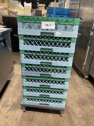 Commercial blue full-size cup rack with green extenders and wheels. Marking indicates "58x7 Qty." Appears in good condition.