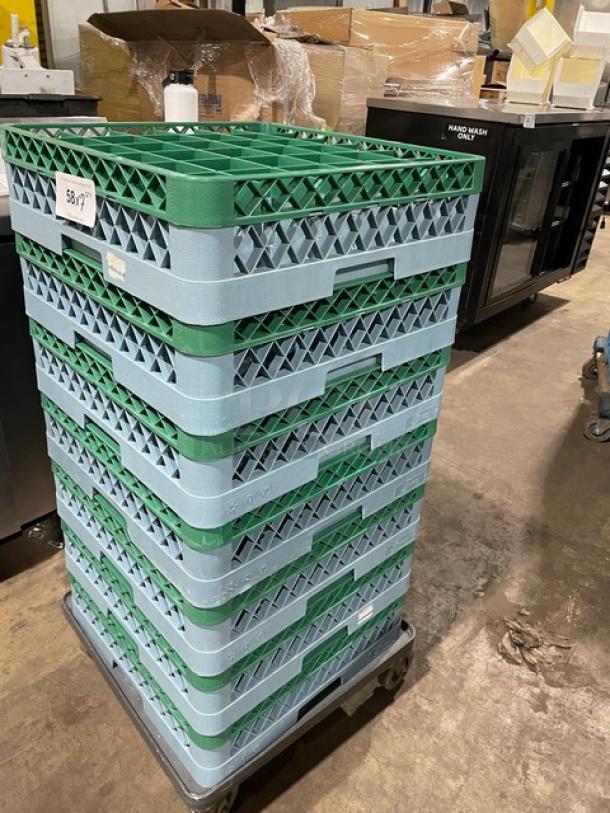 Commercial blue full-size cup rack with green extenders, good condition, stackable design, labeled "3617" for identification.