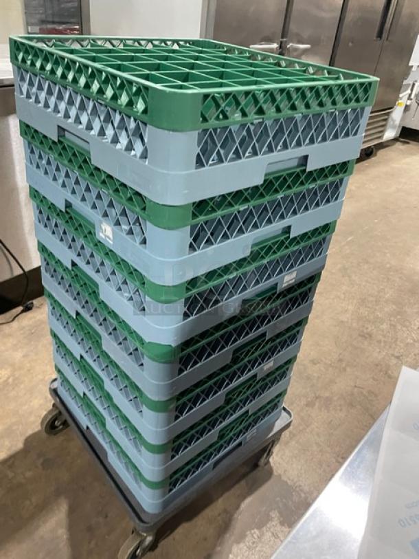 Commercial blue full-size cup rack with green extenders, stackable, on wheels. Used condition, ideal for restaurant use.