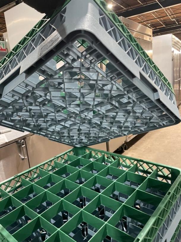 Commercial blue full-size cup rack with green extenders, excellent condition, featuring durable plastic construction.