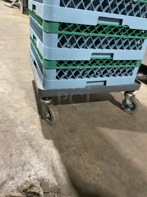 Commercial blue full-size cup rack with green extenders, stacked on dolly. Durable plastic, excellent condition.