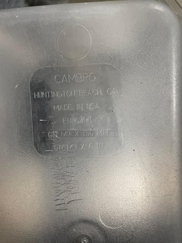 Cambro commercial clear polycarbonate food pan, made in USA, size 1/3 x 6 in, EN 631-1 marked, slight surface scratches.