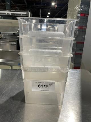 Winco Commercial 6 Qt. food storage container, clear polycarbonate, stackable, good condition, auction quantity label visible.