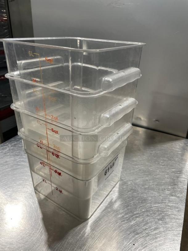 Winco 6 Qt. clear polycarbonate food storage container; features volume markings; stackable; commercial-grade condition.