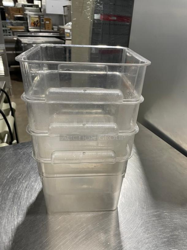 Winco clear polycarbonate 6 Qt. food storage containers, stack of four, used, large handles, durable commercial quality.