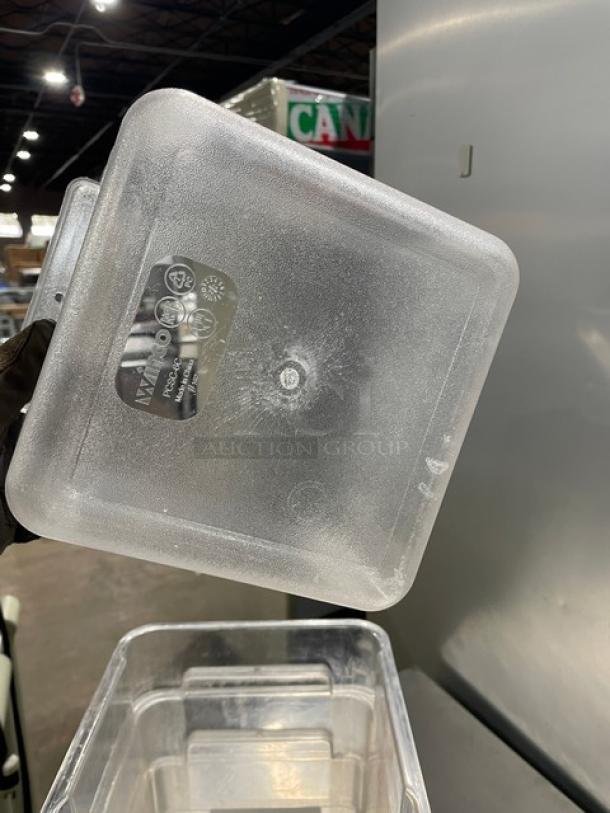 Winco commercial 6 Qt. clear polycarbonate food storage container, shown in excellent condition with visible capacity markings.
