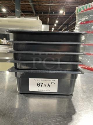Cambro commercial black food pans, stacked, labeled "67 x 5 QTY," in excellent condition for auction sale.