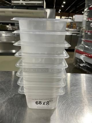 Vigor commercial clear polycarbonate food pan, stack of 8. Durable and clear design for food storage, excellent condition.
