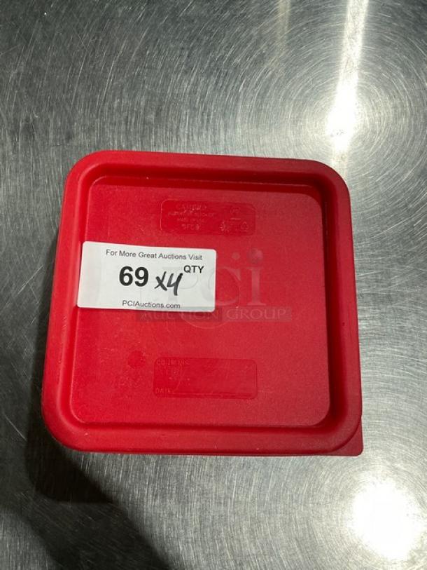 Cambro red food storage container lid, durable plastic, 4x quantity, rectangular shape, auction label visible.