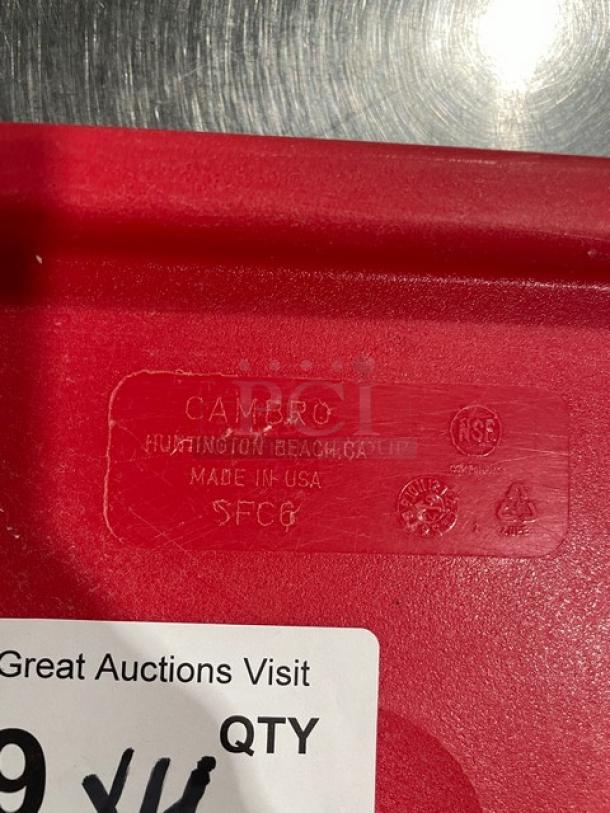 Cambro red food storage container lid, commercial grade, with NSF certification and "Made in USA" marking.
