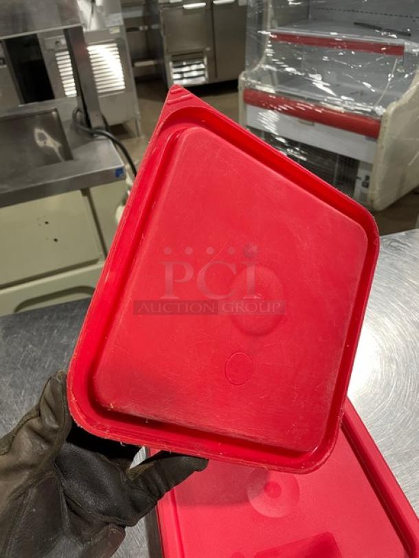 Cambro commercial red food storage container lid, square shape, durable plastic, lightly used, fits standard containers.