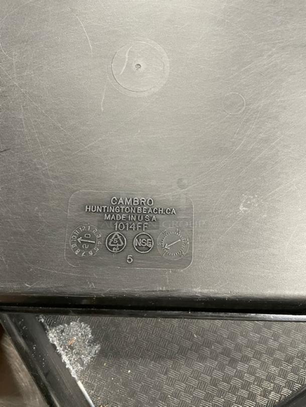 Cambro commercial black serving tray, model 1014FF, made in USA, NSF certified, visible wear, dimensions 12x.