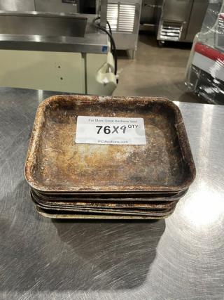 Vintage commercial mini baking pan set, 9 pans. Rustic condition, rectangular shape. Auction label states "76X9QTY."