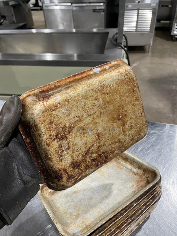 Vintage mini baking pan, commercial grade, used condition with visible wear. Stack of 9 pans shown.