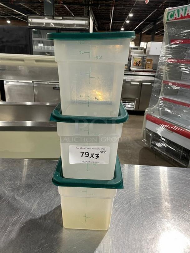 Commercial translucent 3.5 Qt. food storage containers with green lids, stackable, quantity 3, in good condition.
