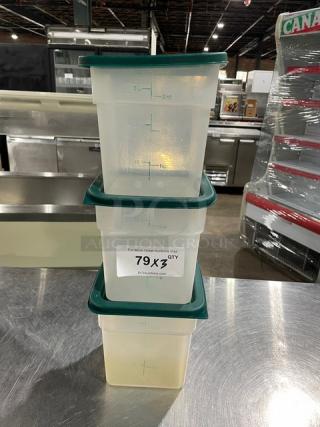 Commercial translucent 3.5 Qt. food storage containers with green lids, stackable, quantity 3, in good condition.