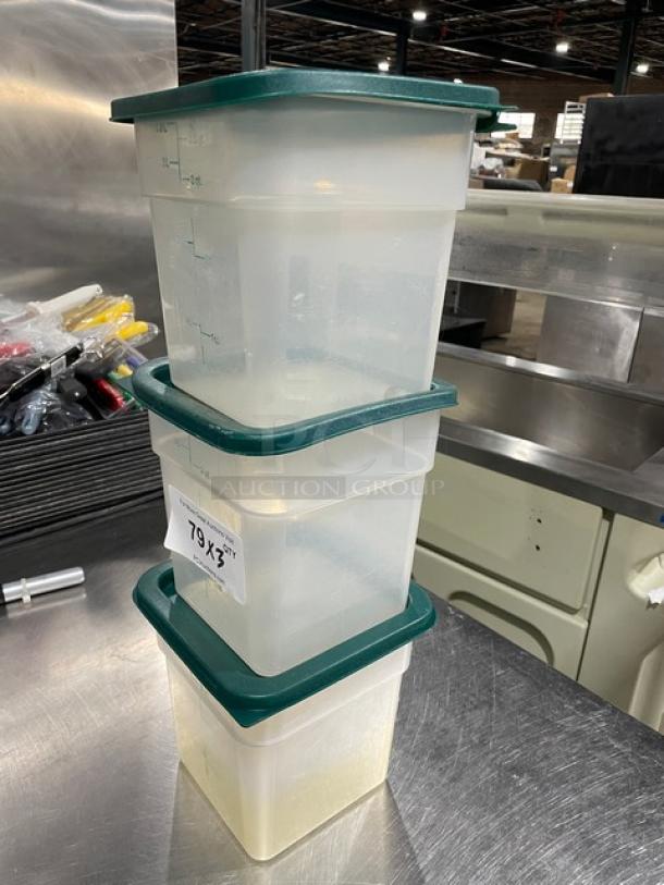 Stack of three commercial translucent 3.5 Qt. food storage containers with green lids. Each marked with "79 x 3." Clean condition.