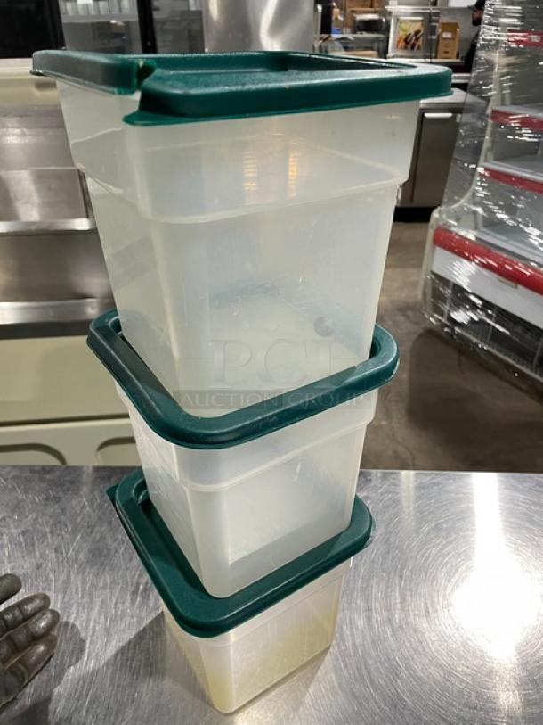 Commercial translucent 3.5 Qt. food storage containers with green lids, stackable, durable, lightly used condition.