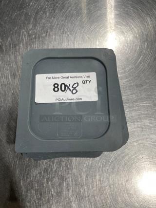 Vigor Commercial gray squared food storage container lids, set of 8. Durable, gray color. Label reads "80X8 QTY."